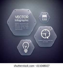 Infographic web design concept with icons and glass hexagons attached to grid background vector illustration
