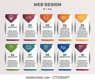 Infographic Web Design template. Icons in different colors. Include Web Design, Tools, Responsive, Video Production and others.
