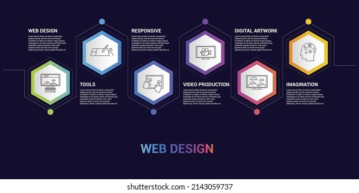 Plantilla de diseño Web Infográfico. Iconos de diferentes colores. Incluya Diseño Web, Herramientas, Responsivo, Producción de Vídeo y otros.