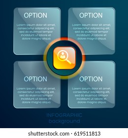 Infographic web template with icon orange glossy element and four glass rectangles with text isolated vector illustration