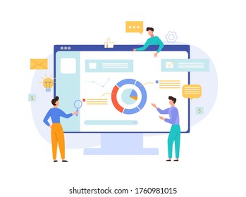 Infographic website visiting concept. Seo testers analyze corporate website for number visits orders new ideas optimizing availability contextual advertising. Business vector flat style.