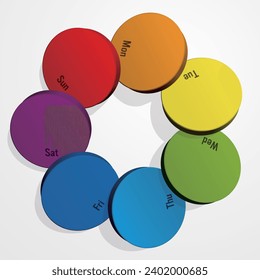 Infographic of a week represented by overlapping circular chips Rainbow colors Vector illustration