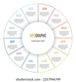 Infographic White circle template, 12 steps business data illustration for Annual, Report, Presentation timeline infographic template.