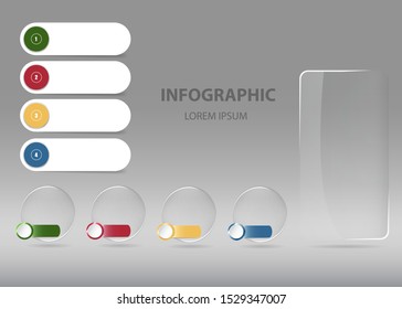 Infographic of white labels, transparent rectangle and transparent balls with color metal labels enable numbering ready for your use as presentation, template, report etc.