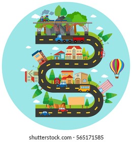 Infographic winding road and buildings illustration