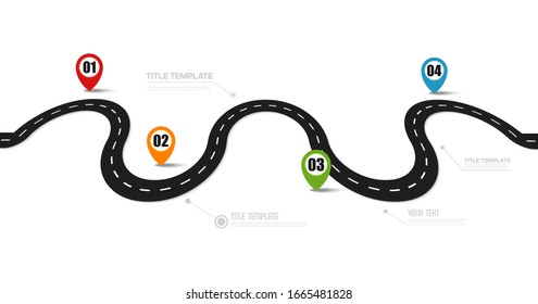Infographic with winding road map, Curved road markings, Vector background