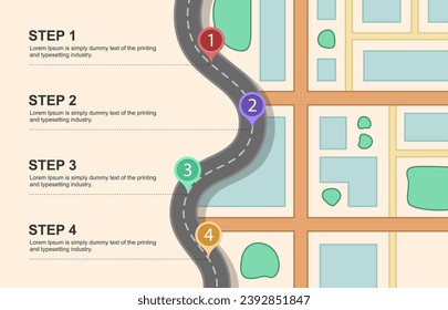 Infografía con hoja de ruta sinuosa, rotulaciones de carreteras curvadas, fondo vectorial