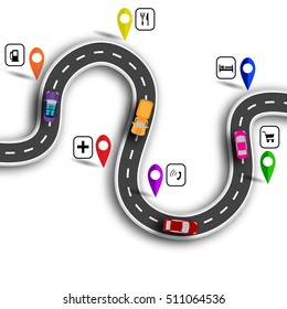 Infographic. Winding road with signs. 3D. Cars. The path indicated by the navigator. Vector illustration