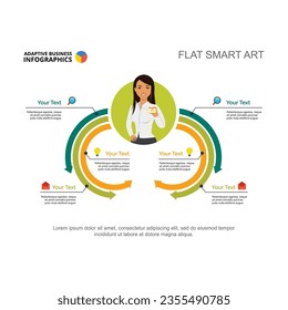 Infographic with woman showing business card vector illustration. Cartoon drawing of business scheme, advertisement, brochure. Promotion, information concept for business report or presentation slide