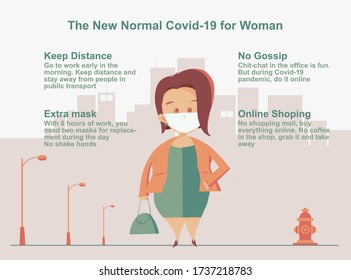 Infographic women in the new normal of Covid-19 pandemic. A women has to go to work in the new normal Covid-19. A way of life and behaviour would prevent you from the infection.