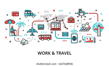 Infographic Work and Travel concept, modern flat thin line vector illustration, for graphic and web design