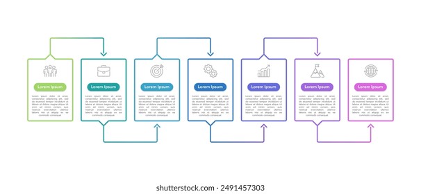 Infografik-Workflow. 7 Prozess zum Erfolg. Geschäftspräsentationen, Berichte, Daten, Banner, Meilensteine und Planungen. Vektorillustration.