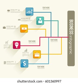 Infographic workflow concept with colorful squares and business icons on light background vector illustration