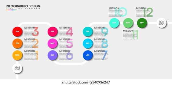 Presentación de la línea de tiempo creativa para 1 año 12 meses de diseño de la línea de tiempo infográfica vector y el negocio de presentación se puede usar para ideas de negocio con 12 opciones, pasos o procesos.