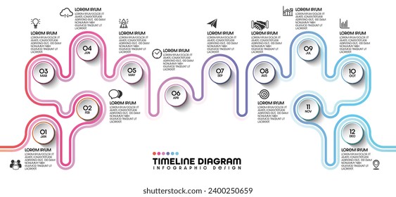 Diagrama de flujo de trabajo infográfico número de infografía de 12 meses Diagrama de flujo de procesos con iconos. Ilustración del concepto de datos vectoriales de proceso y gráfico de datos