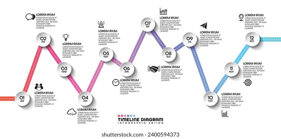 Infographic workflow diagram 12 months infographic number Process flow chart with icons. Illustration vector data concept of process and data chart