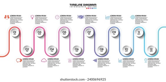 Diagrama de flujo de trabajo infográfico número de infografía de 12 meses Diagrama de flujo de procesos con iconos. Ilustración del concepto de datos vectoriales de proceso y gráfico de datos