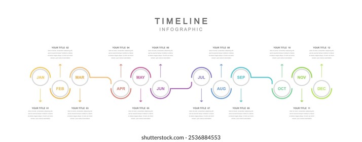 Diagrama de flujo de trabajo de infografía de 12 meses para presentaciones de negocios. Diagrama de línea de tiempo, informe, Diseño web. Creativo, Vector, ilustración	