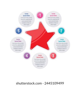 infographic for the world of education, science, business, technology. red star infographic template. five steps information template. magazine, annual report infographic
