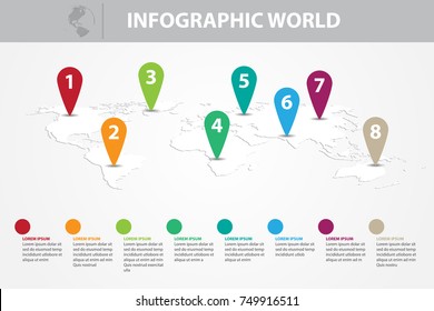 infographic world map color background vector ,paper timeline