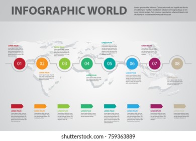 infographic world map color background vector ,paper timeline
