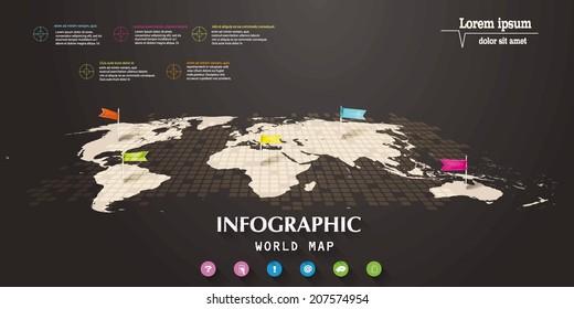 Infographic world map with flag-pointers and web icons