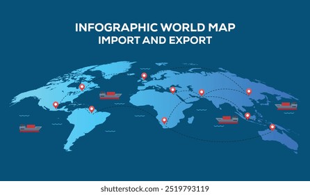 Infografía Mapa mundial Importación Exportación, mapa mundial de muy alta resolución, aislado sobre fondo blanco. Infografía, Tierra plana, Globo icono similar. informe anual, Viajar por todo el mundo, mapa silueta de fondo