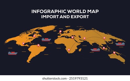 Infográfico World Map Import Export, Mapa do mundo de resolução muito alta, isolado no fundo branco. Infográfico, Plana Terra, Globo ícone semelhante. relatório anual, Viajar pelo mundo, mapa silhueta fundo