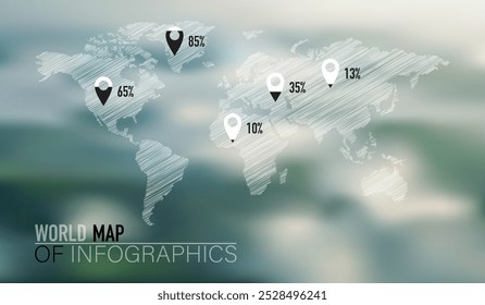 Infographic of a world map with location markers and percentages on a blurred light green background.