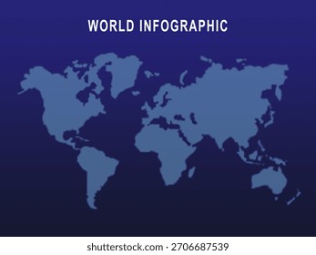 Mapa del mundo infográfico sobre un fondo azul oscuro degradado. 