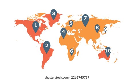 Infographic with world map. Pins on map, international trade and globalization. Consumer assessments in Europe, Africa and Latin America. Slide for presentation. Cartoon flat vector illustration