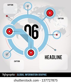 Infographic with world map, points of interest, text caption boxes. EPS 10. Transparencies used. Reference file for world map is: http://http://www.lib.utexas.edu/maps/world_maps/world_pol_2008.pdf