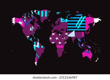 Infographic world map purple with stars colorful pop art illustration