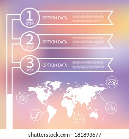 Infographic world map and step ribbon. Add web icons. Blurred background