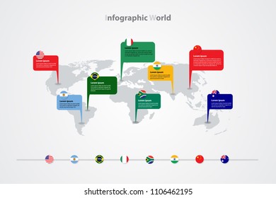 infographic world map vector background, global international flags sign