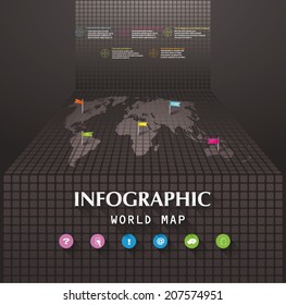 Infographic world map with web icons and flag-pointers