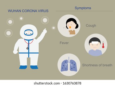 Infographic of Wuhan corona virus strain 2019-nCoV outbreak causing high fever, cough and pneumonia. Doctor wearing protective eyeglasses, gown, gloves and shoes. Vector illustration. - Shutterstock ID 1630763878