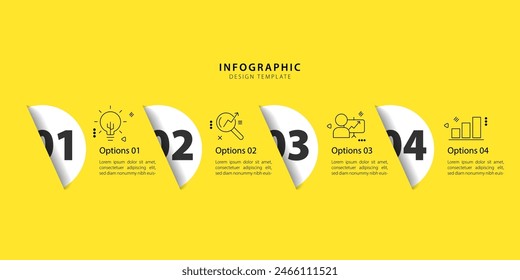 Infografía de Plantilla amarilla. Viaje de línea de tiempo de 4 pasos, calendario Plantilla de diseño de infografías simples planas. Concepto de negocio con 4 opciones, Ilustración vectorial.