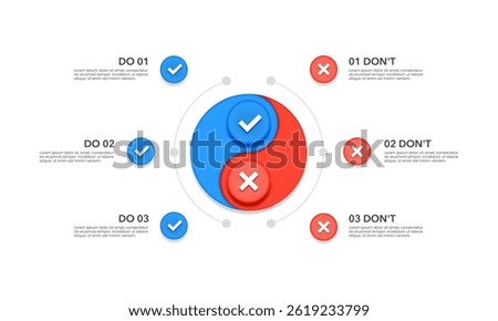 Infographic yin yang circle comparing 2 correct and incorrect parts. Presentation, Report, Choice and Strategy. Vector illustration.