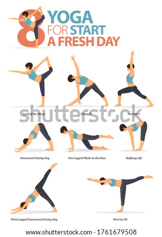 Infographic of  Yoga poses for workout at home in concept : yoga for start a fresh day in flat design. Woman exercising for body stretching. Yoga posture, asana for fitness infographic. Cartoon Vector