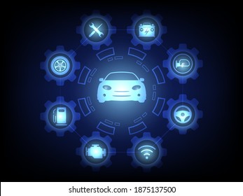  Infographical template as a graphical interface of a basic vehicle inspection. Automobile Check Up, Repair.