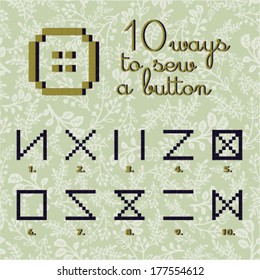 infographics of 10 ways to sew a button. 