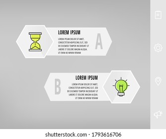 Infografía con 2 hexágonos, flechas. Plantilla vectorial moderna. Puede utilizarse para dos diagramas, negocios, web, banner, diseño de flujo de trabajo, presentaciones, diagrama de flujo, gráfico de información, escala de tiempo, niveles, gráfico