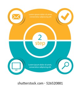 Infographics 2 step pie chart with icons for business presentations, template design