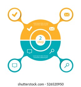 Infographics 2 step pie chart with icons for business presentations, template design