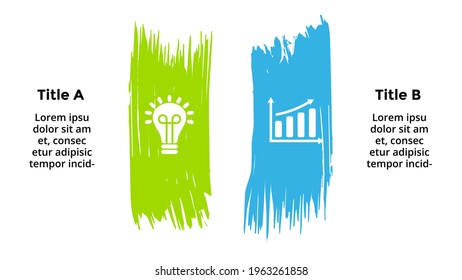 Infografía para 2 pasos, opciones. Presión de pincel de color. Elementos de banners creativos. Plantilla de diapositiva de presentación. 