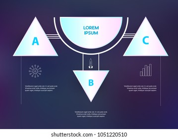 Infographics with 3 items, options or positions with pastel elements with web icons on dark gradient background
