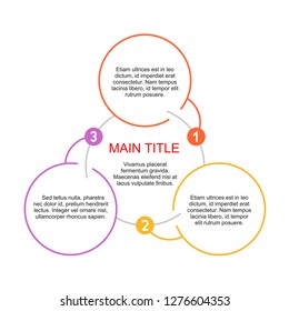 Infographics with 3 steps (three points) with colorful outline circles in symmetric composition with sample text - vector scheme template