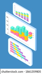 Infographics, 3d graphics at board, isometric financial strategy, visual presentation, analysis info business statistics, digital marketing, visualization of chart with different sizes flat style