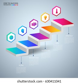 Infographics 3D Stair step to success concept. Business timeline modern colorful infographics template with icons and elements. Can be used for workflow,layout,diagram, web design. Vector Illustration